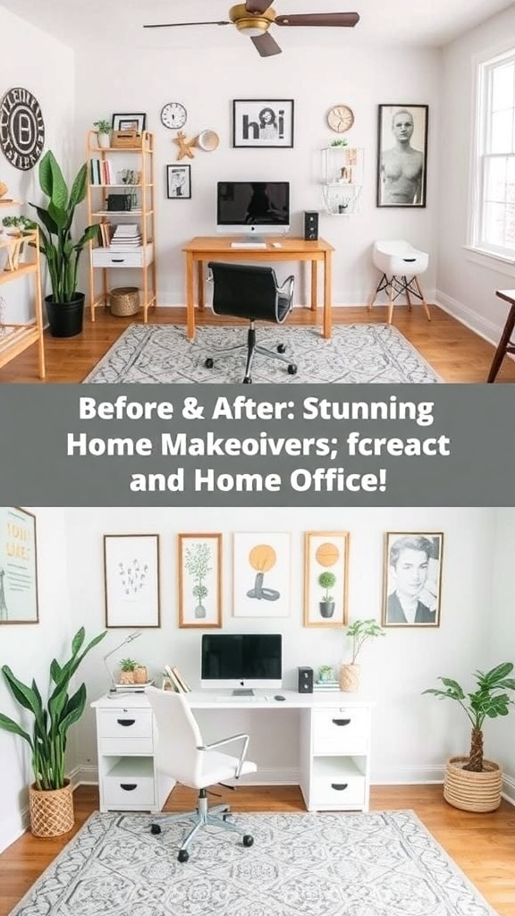 Before and after images of a home office makeover, showing a transformation from a cluttered space to a modern and functional workspace.