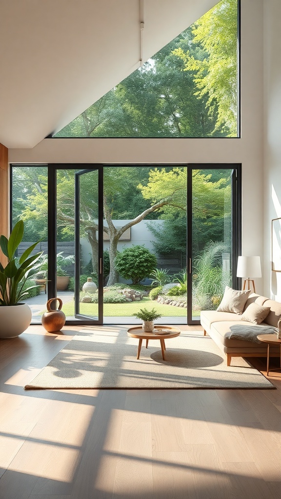 A bright room with large glass doors leading to a garden, featuring a cozy sofa and indoor plants.