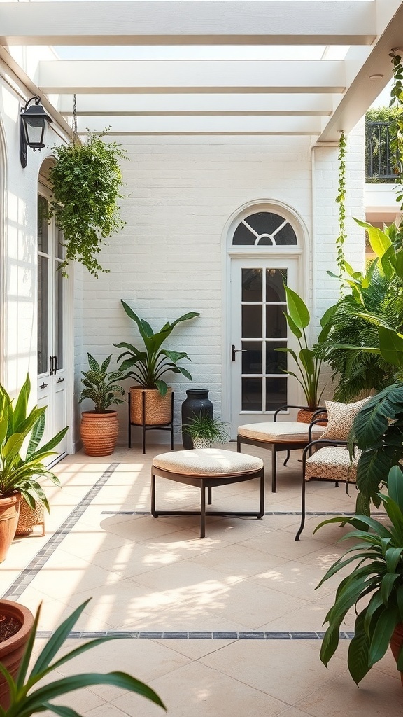 A cozy indoor-outdoor space with plants and seating.