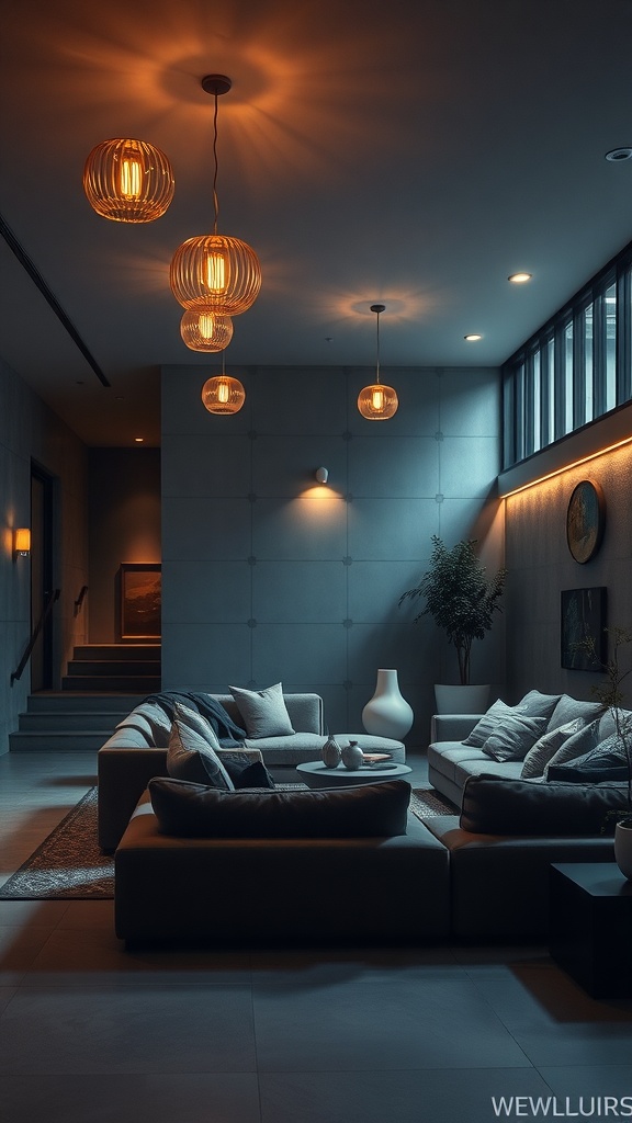 Cozy sunken lounge with warm lighting fixtures