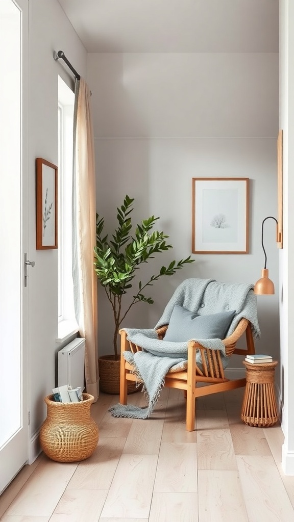 A cozy nook featuring a wooden chair with a blanket, a potted plant, and framed artwork.