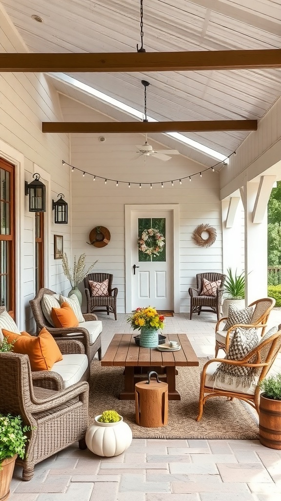 Cozy modern farmhouse porch with wicker furniture, colorful cushions, and decorative plants.