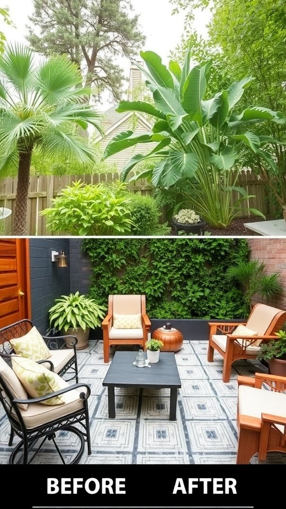 Before and after images of an outdoor space makeover, showing a cluttered garden transformed into a modern patio.