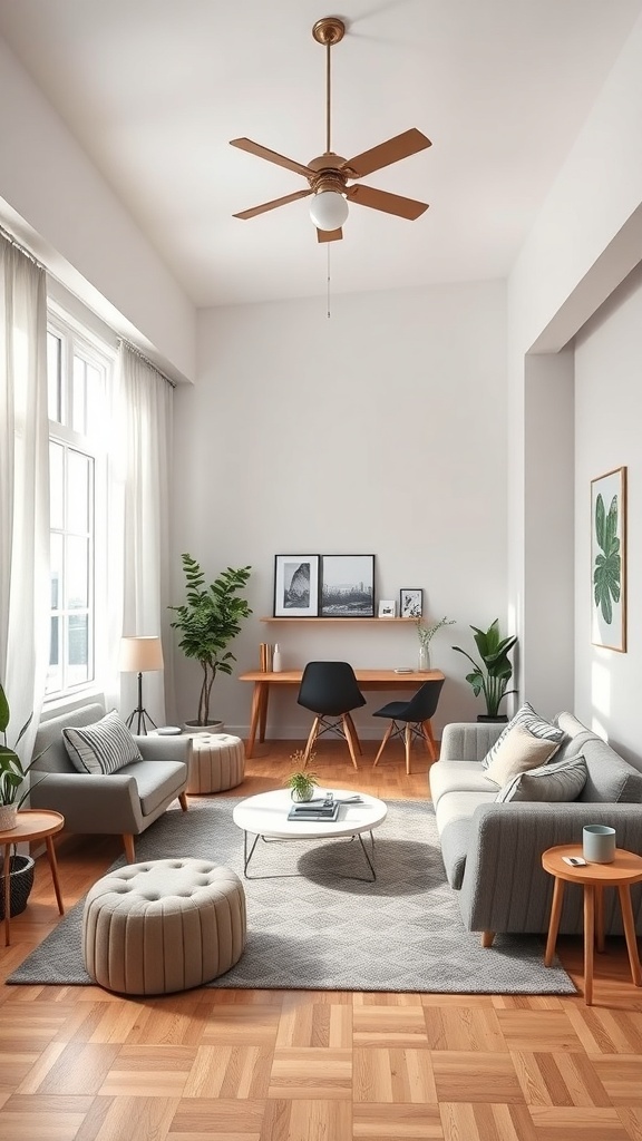 A stylish living room with a cozy seating area, a small desk, and decorative plants.