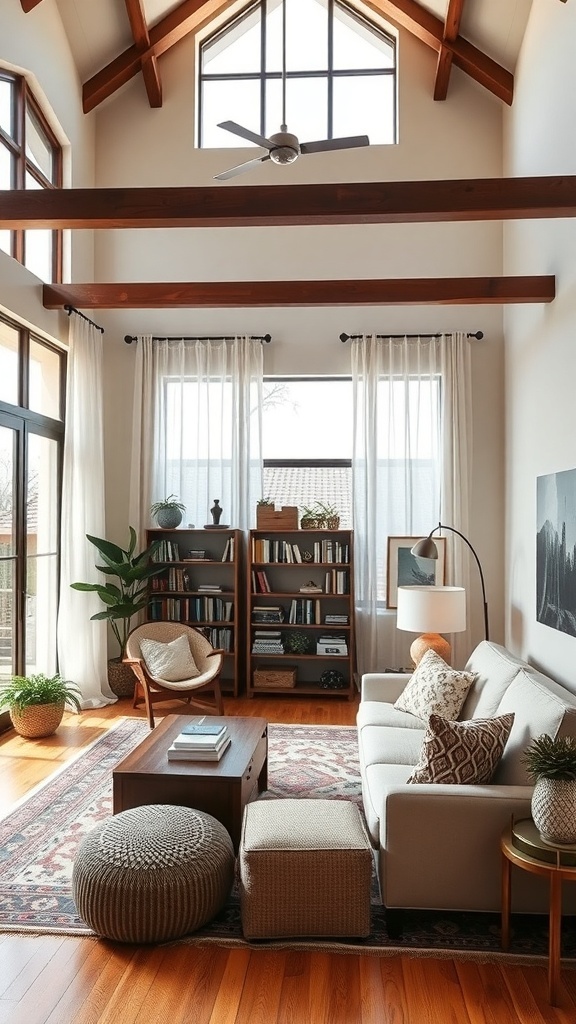 Cozy boho living room with high ceilings, large windows, and inviting furniture