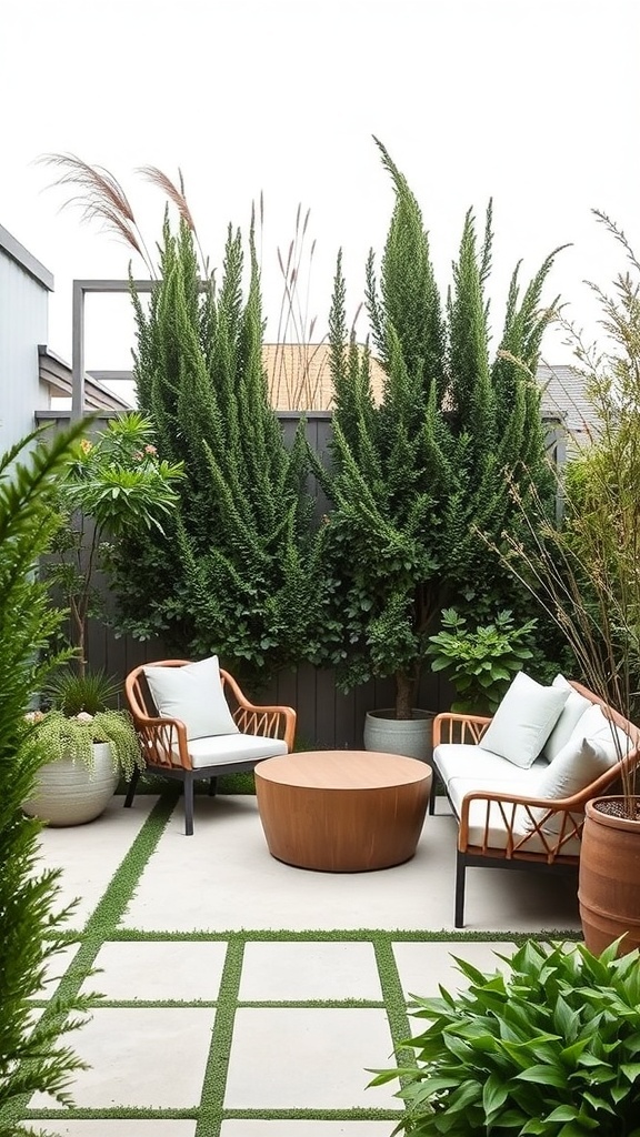 A minimalist patio with tall greenery providing privacy, featuring comfortable seating and a round table.