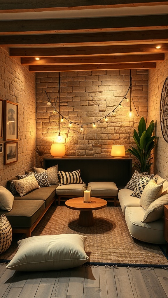Cozy sunken lounge with cushions, rugs, and soft lighting