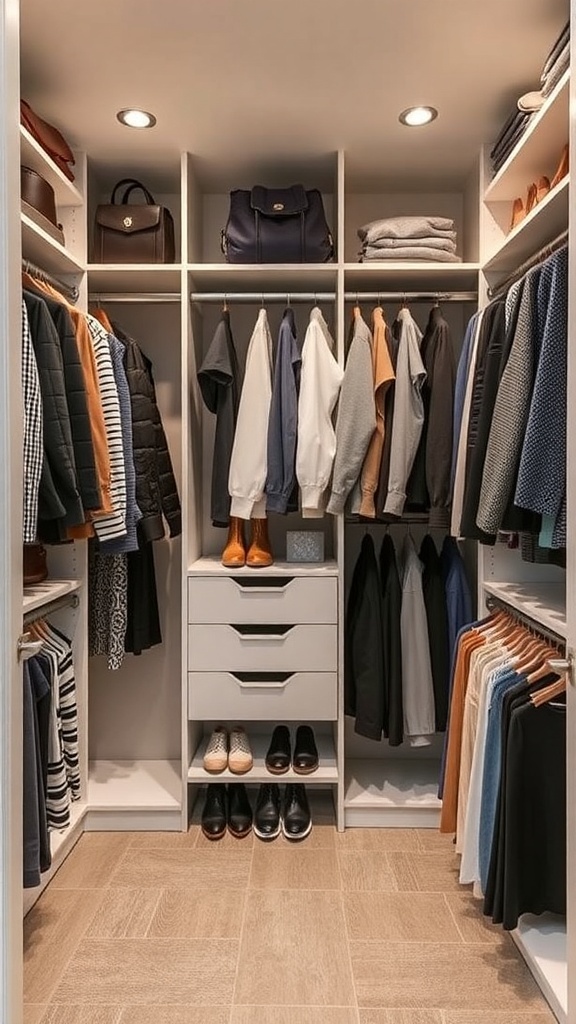 A well-organized walk-in closet with sections for different clothing types, including shirts, jackets, and shoes.