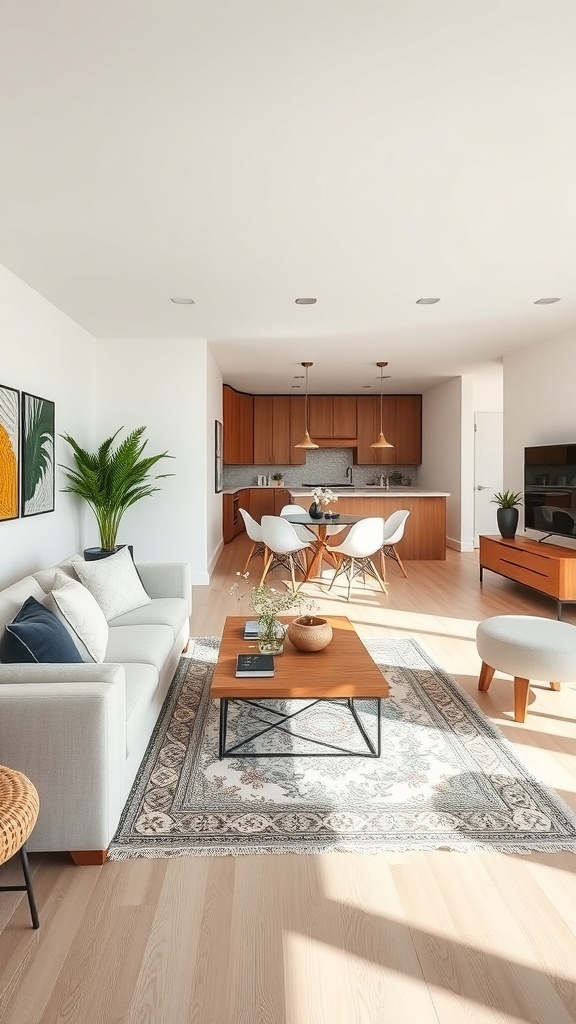 Cozy living room with a stylish area rug, modern furniture, and a dining area in the background.