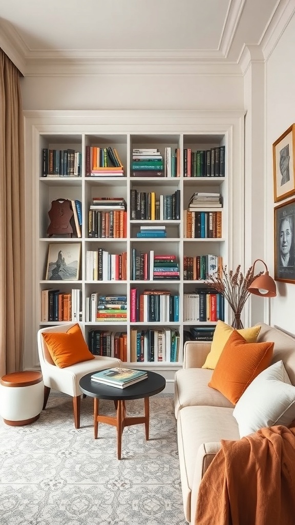 A cozy reading nook featuring a built-in bookshelf filled with colorful books, a comfortable sofa, and stylish decor.