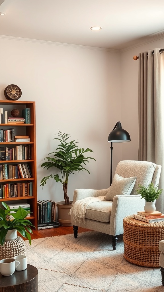 Cozy living room with a reading nook featuring a comfortable chair, bookshelves, and plants.