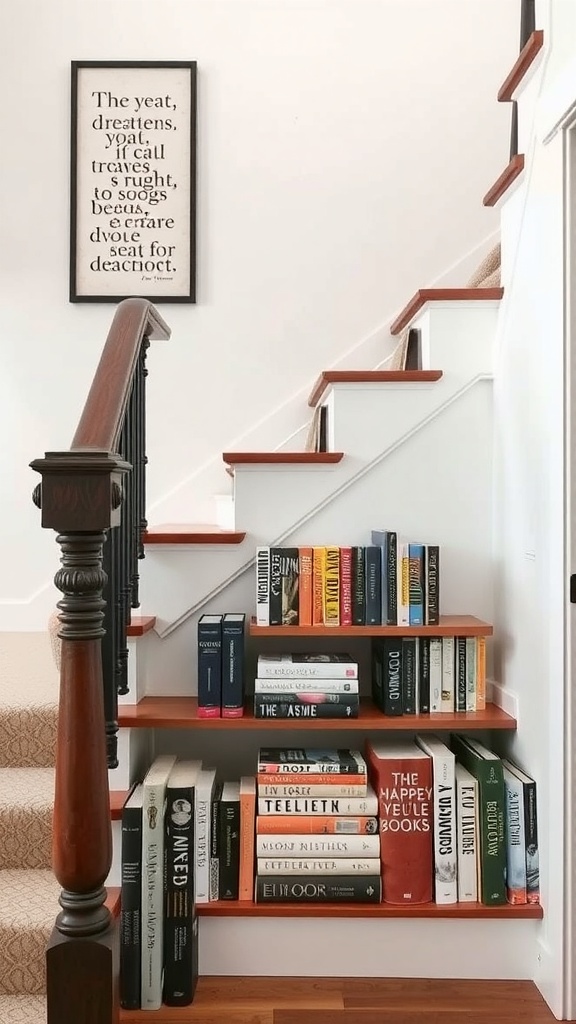 A staircase landing with books arranged on shelves, featuring a framed quote on the wall.