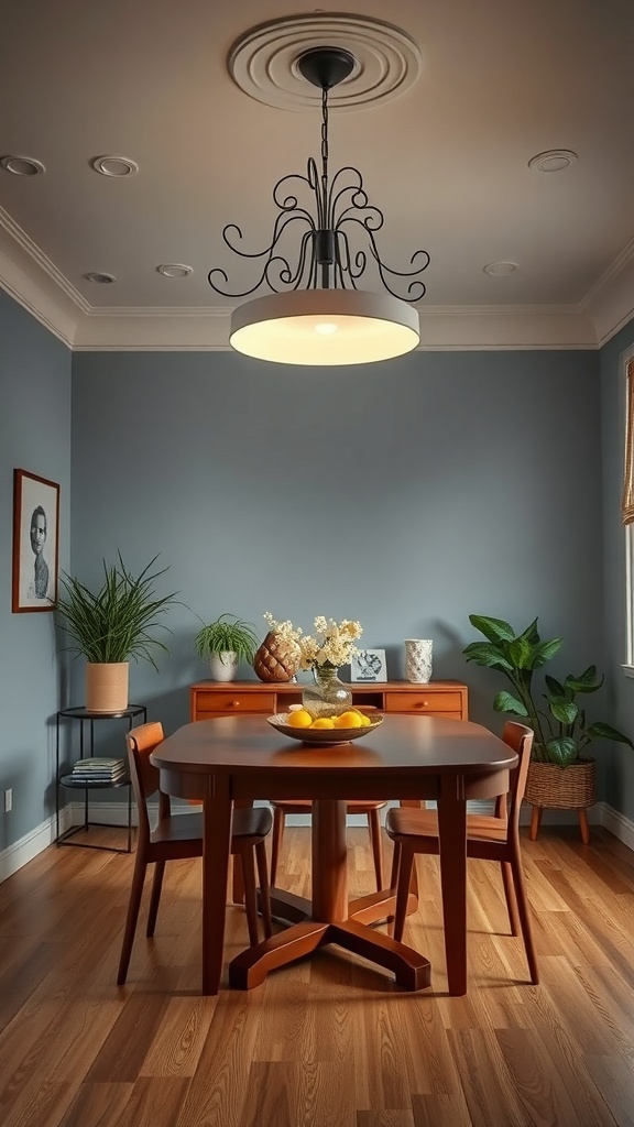 A stylish chandelier hanging over a dining table in a cozy room with blue walls and wooden furniture.