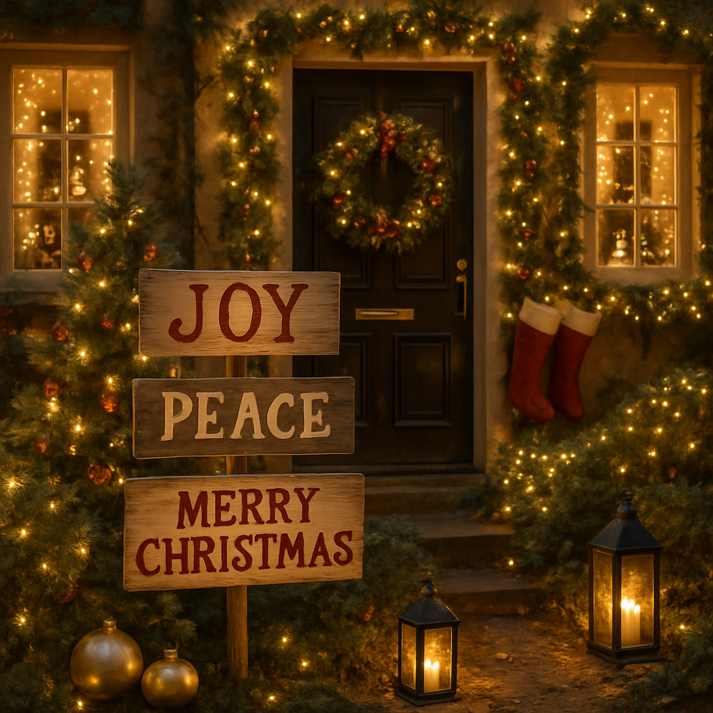Outdoor Christmas decorations featuring wooden signs that say 