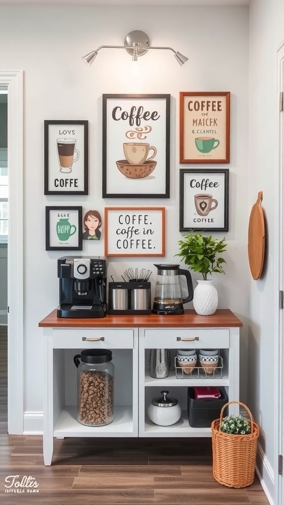 A cozy coffee bar setup with a wall of framed coffee art and a coffee maker.