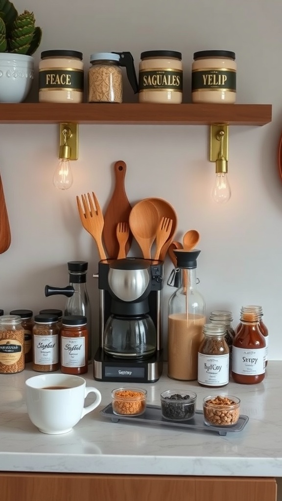 A cozy coffee flavoring station with jars of spices, sweeteners, and a coffee maker on a countertop.