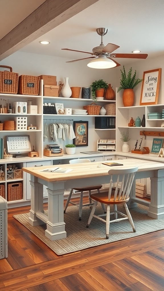 A well-organized craft room featuring a large table, shelves with baskets, and decorative plants.