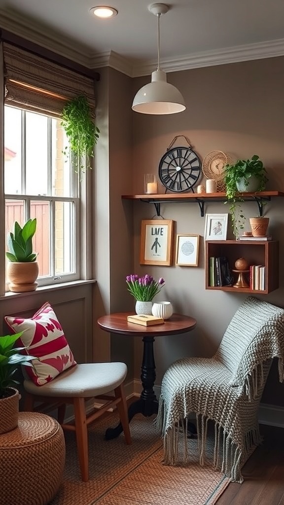 A cozy coffee nook with a round table, a chair, and decorative plants.
