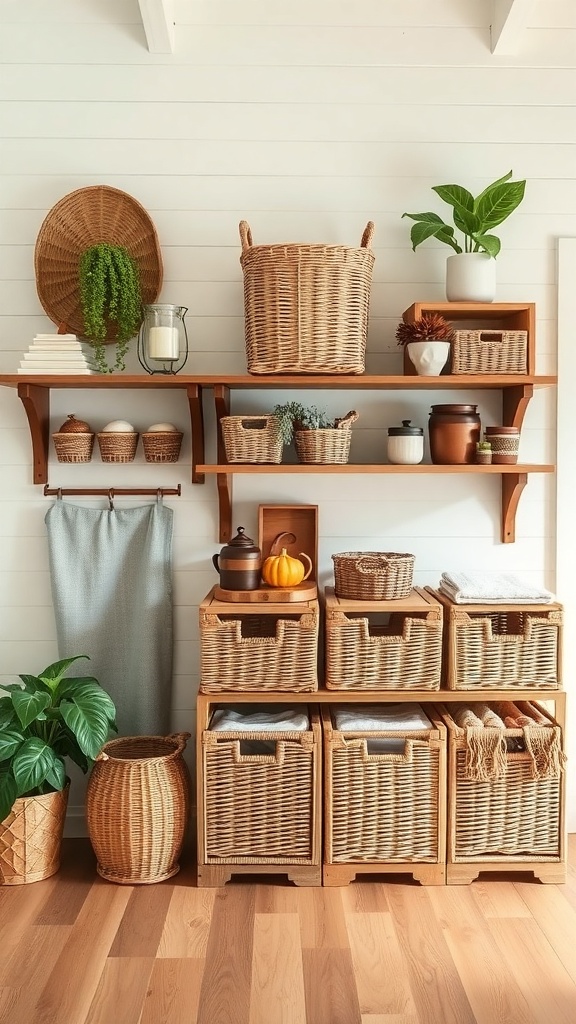 A cozy farmhouse storage solution featuring woven baskets, wooden shelves, and decorative plants.