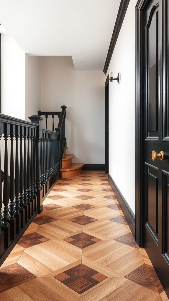 A stylish hallway featuring a patterned wooden floor and a black bannister.