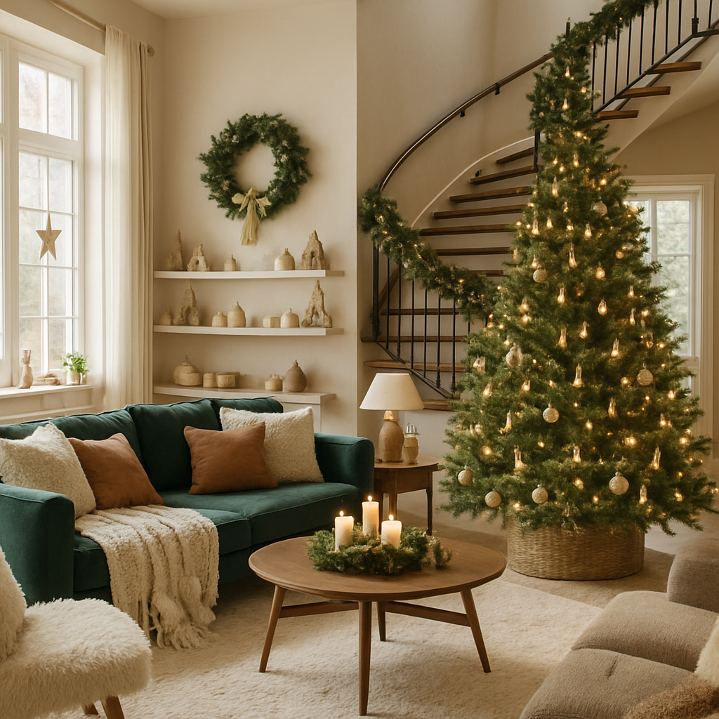 Gemütliches Wohnzimmer mit Weihnachtsbaum, Kerzen und Dekoration