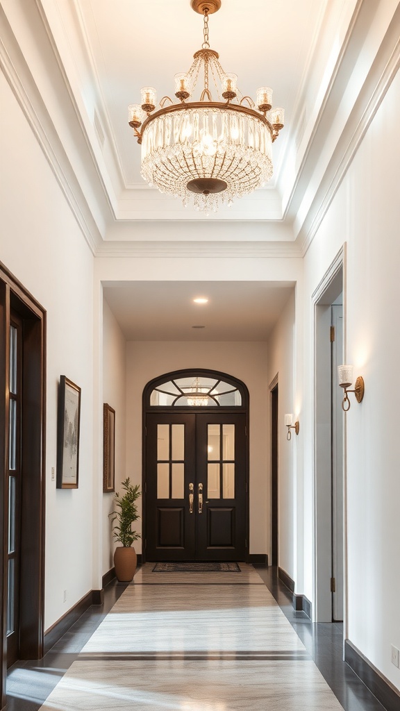 A stylish hallway featuring a beautiful chandelier and wall sconces.