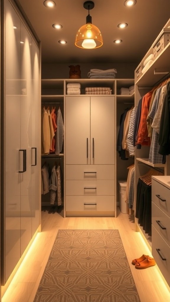 A cozy walk-in closet featuring recessed lighting and a pendant light, with organized clothing and accessories.