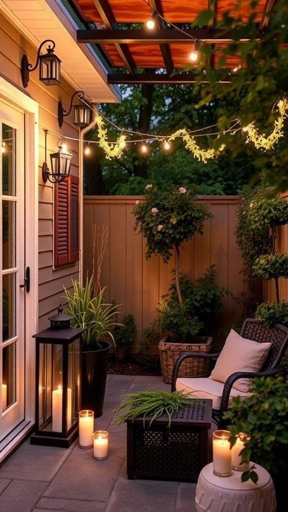 Cozy backyard patio with string lights and lanterns creating a warm atmosphere.