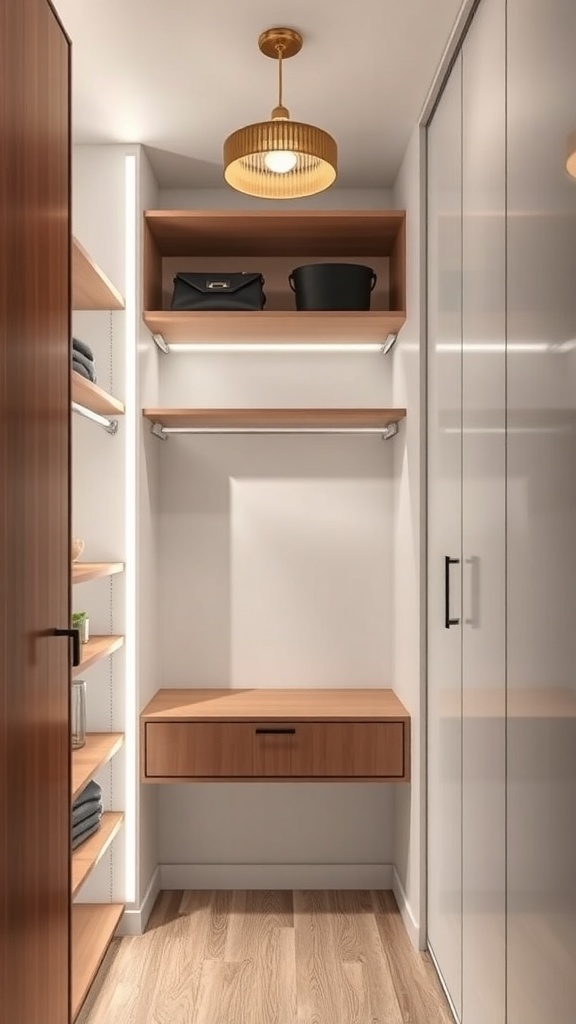 A stylish small closet featuring wooden shelves, a pendant light, and a clean design.