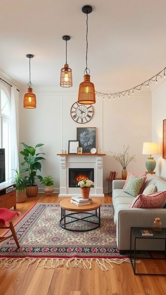 A cozy boho living room featuring woven pendant lights, a comfortable sofa, and decorative elements.