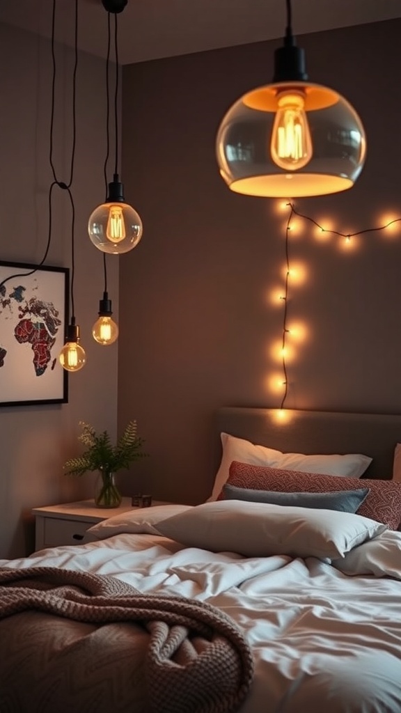 A cozy bedroom with creative lighting solutions including hanging bulbs and string lights.