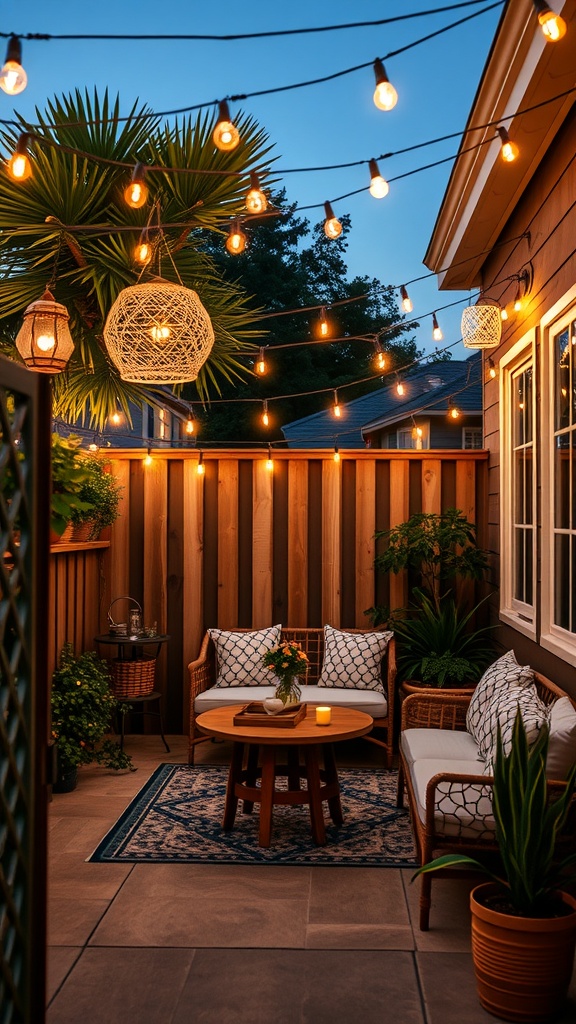 A beautifully lit patio with string lights and cozy seating.