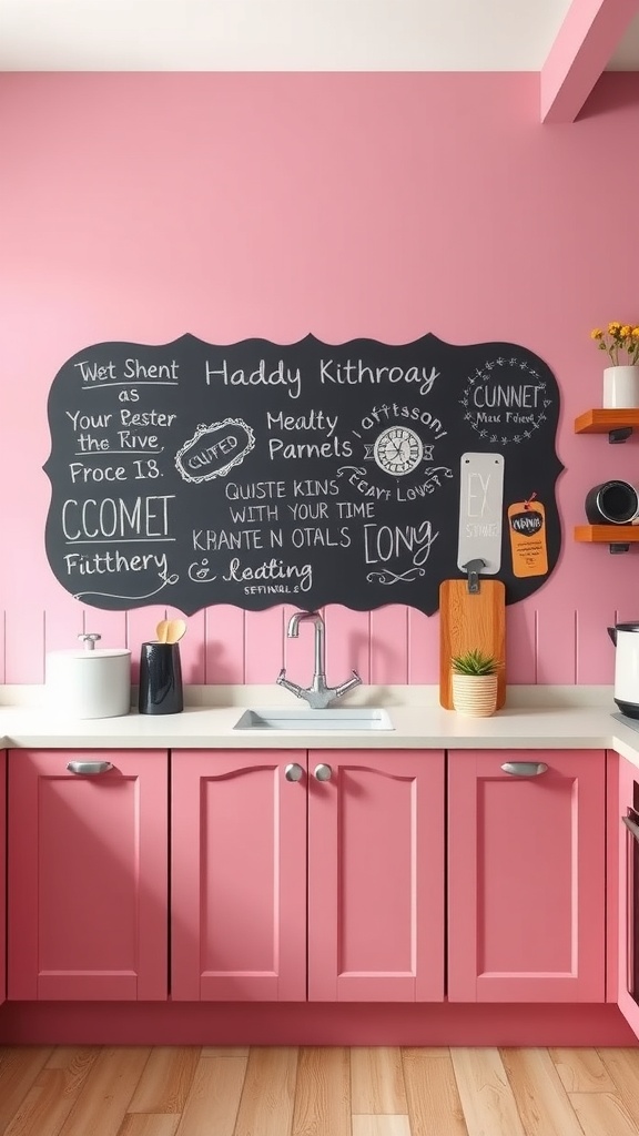 Modern pink kitchen with a chalkboard wall and pink cabinets