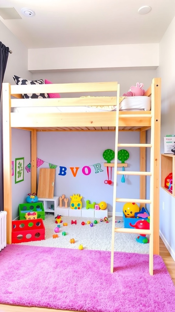 A child playing in a cozy area under a loft bed, surrounded by toys and a colorful rug.