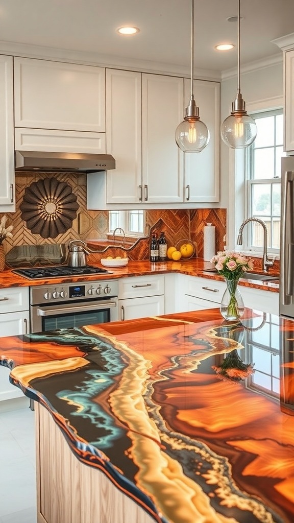 A modern kitchen with a creative resin countertop featuring vibrant colors and unique patterns.