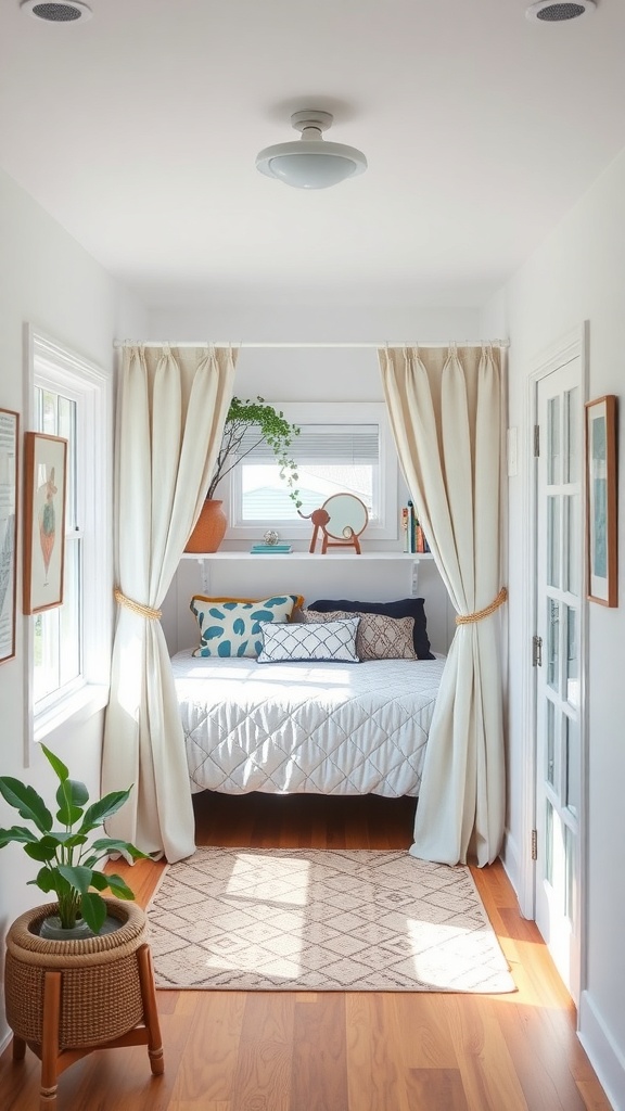 A cozy bedroom area separated by light curtains, featuring a bed with colorful pillows and a potted plant.