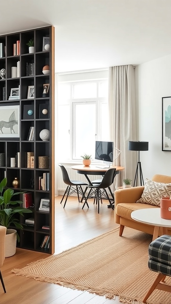 A stylish room divider made from a bookshelf, separating a cozy seating area from a workspace.