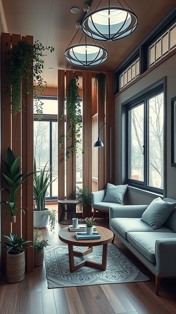 Ein moderner Raum mit Holz-Raumteilern, Pflanzen und gemütlichen Möbeln.