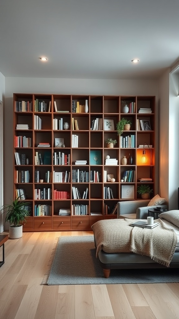 A cozy living room with a stylish bookshelf acting as a room divider, featuring books and plants.