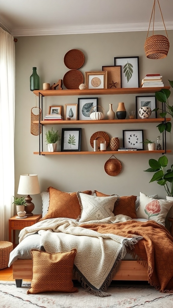 A stylish Boho bedroom featuring creative wooden shelving with various decor items.