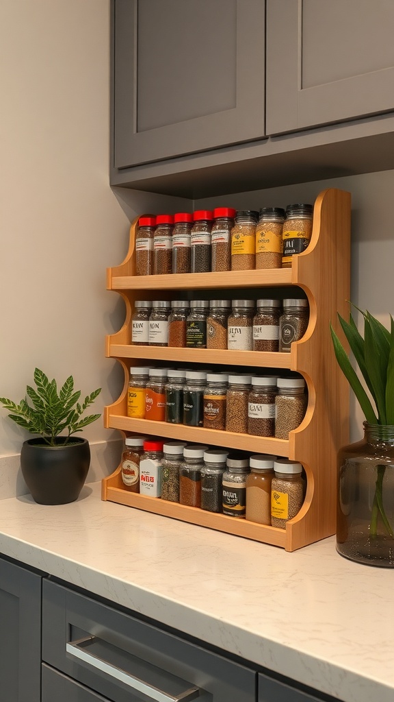 Stylish wooden spice rack displaying various spice jars on a kitchen countertop.