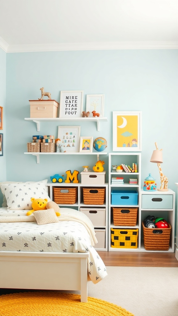 A colorful kids bedroom featuring creative storage solutions for toys, including shelves and woven baskets.