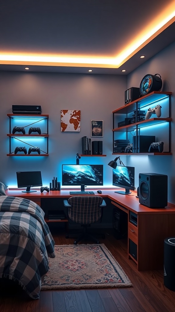 A modern gaming bedroom setup featuring dual monitors, gaming consoles on shelves, and organized storage solutions.