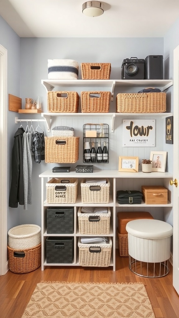 Organized storage space with shelves, baskets, and decorative items