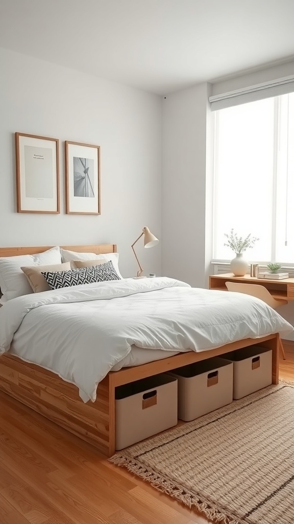 A minimalist bedroom with a bed featuring storage drawers underneath.