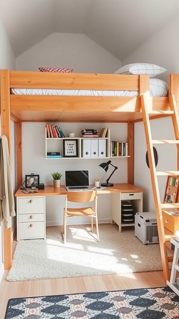 A loft bed with a study area underneath, featuring a desk, chair, and shelves.