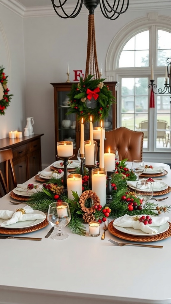 A beautifully decorated dining table for a holiday gathering, featuring greenery, candles, and elegant tableware.