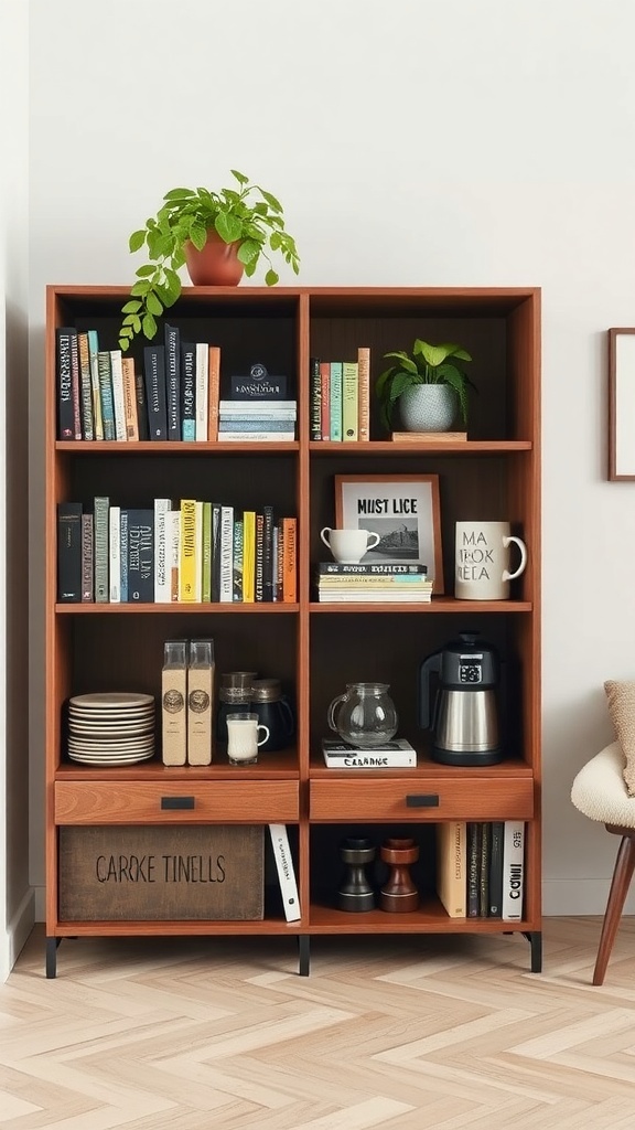 A stylish bookshelf organized as a coffee station with books, plants, and coffee supplies.