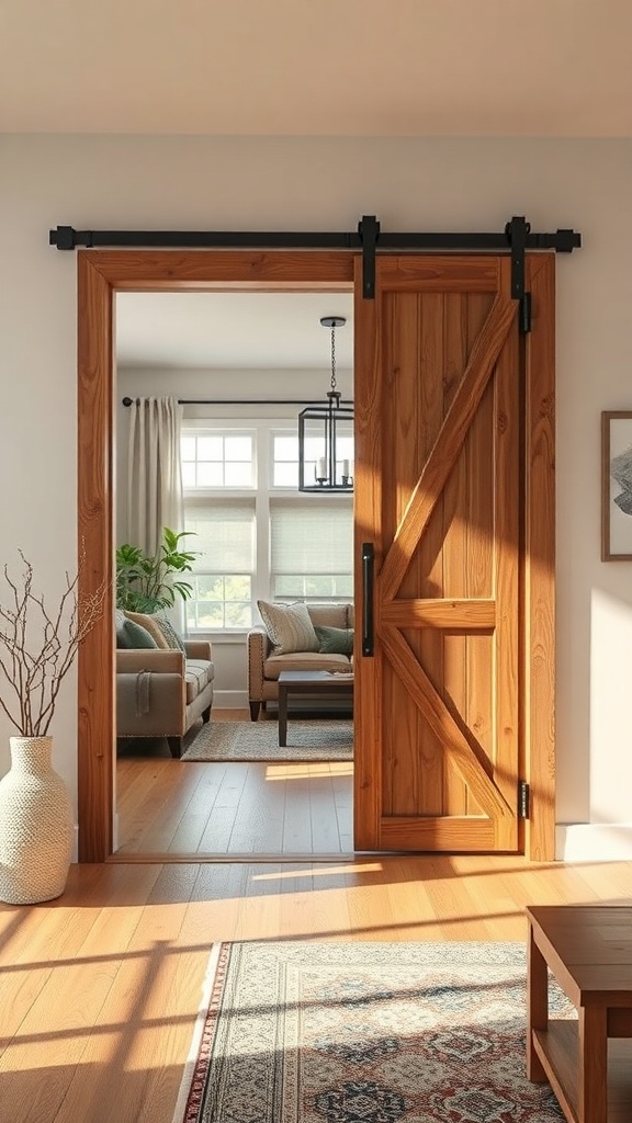A wooden barn door sliding open to reveal a cozy living room with a sofa and a coffee table.