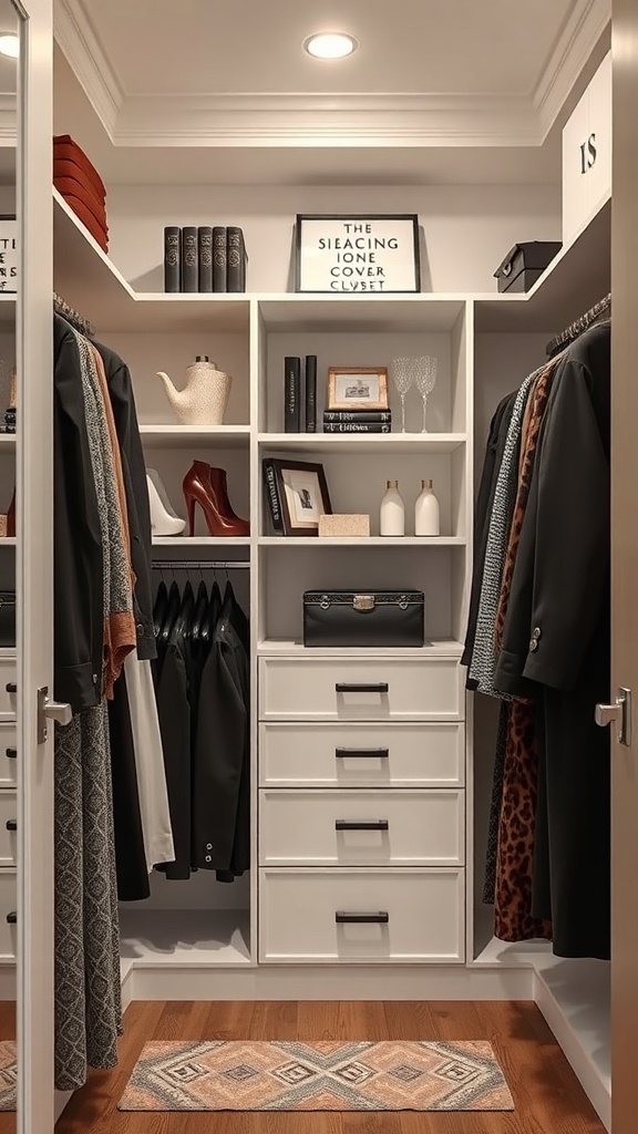 Stylish closet makeover showcasing organized corner space with shelves and clothing.